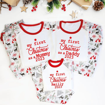 Personalised Our First Family Christmas Pyjamas, First Christmas as Mummy and Daddy PJs, Baby s 1st Christmas, Mommy daddy Christmas Pajamas