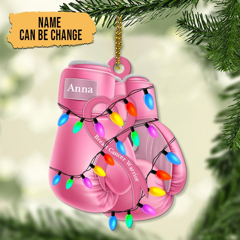 Personalized Breast Cancer Awareness Ornament Gifts, Pink Boxing Gloves Ribbon, Breast Cancer Awareness Gift, Breast Cancer Ornament