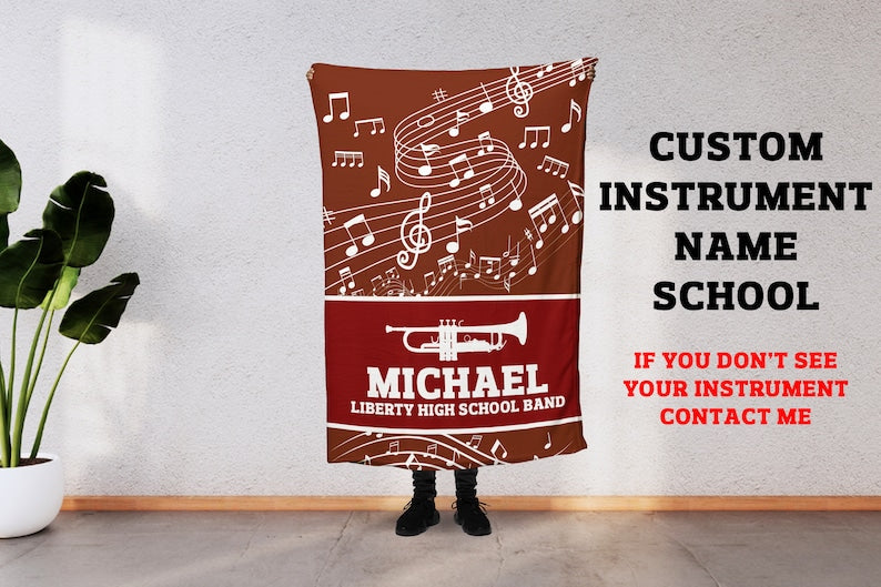 Custom Music Blanket, Marching Band, Orchestra, Personalized Name, Color, School, Instrument, Trumpet, Clarinet, Tuba, Violine and More