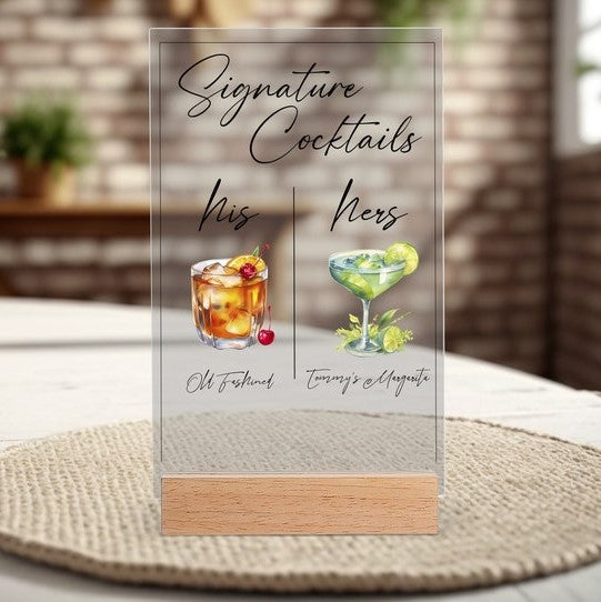 Personalized Cocktail Decoration, Custom Signature Drink Sign, Acrylic Wedding Bar Sign, Drink Stand Sign, Party Decoration, His and Hers