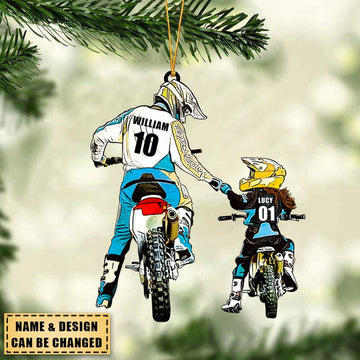 Personalized Motocross Racer Ornament, Dad And Kid Motocross Lovers, Dirt Biker Flat Ornament, Christmas Ornament 2024