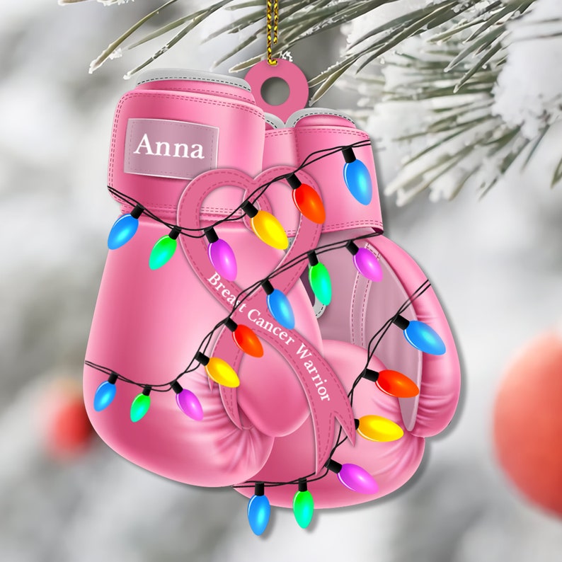 Personalized Breast Cancer Awareness Ornament Gifts, Pink Boxing Gloves Ribbon, Breast Cancer Awareness Gift, Breast Cancer Ornament