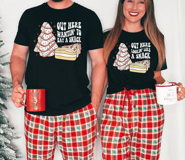 Christmas Tree Cake Funny Matching Couples Christmas Shirts, Couples Christmas Pajamas, Christmas Couple, Out Here Lookin Like a Snack Tees