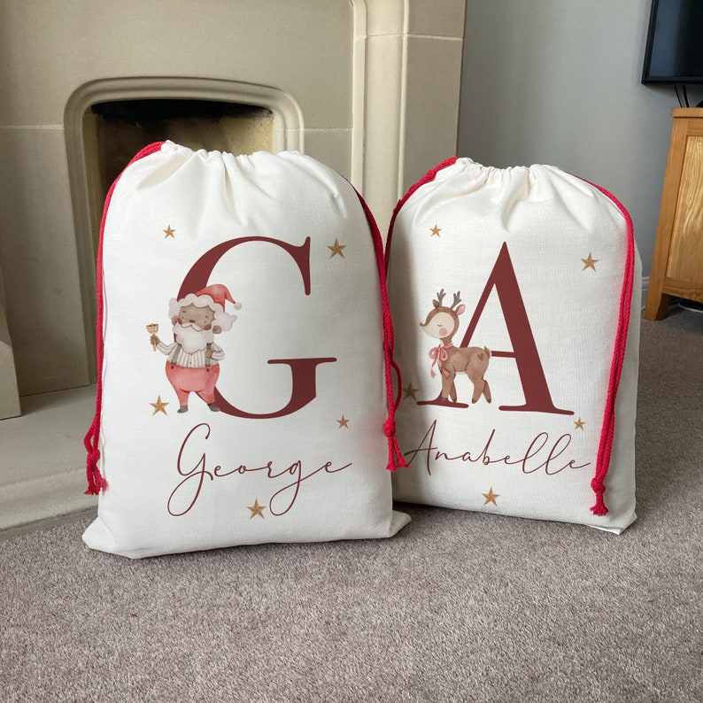 Personalised Santa Sack - Personalised Christmas Sack - Personalised Christmas Toy Sack - Name & Initial Christmas Reindeer - Christmas Gift