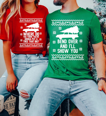 Bend Over and I'll Show You Christmas Couple Matching Shirt Funny Christmas Couples T-Shirt Holiday Couples Shirt Christmas Vacation Shirt