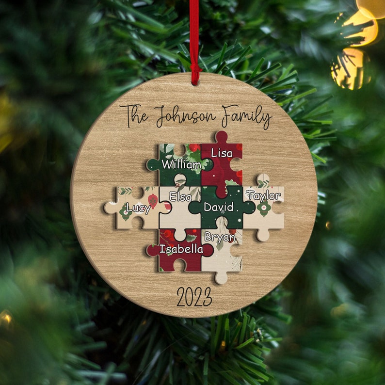 Pieces of our Family, Family Christmas Keepsake, 2024 Family Ornament Custom Puzzle, Family 2 Layer Wooden Ornament, Family Names Ornament