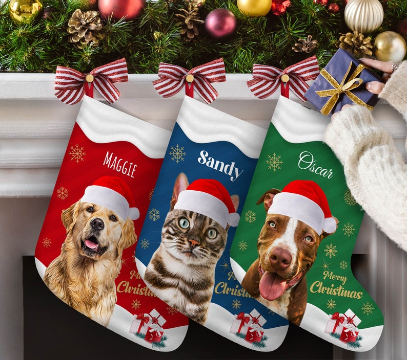 Pet Portrait Personalized Christmas Stocking with Custom Name Dog Cat Bunny Hamster Puppy Holiday Festive Xmas Fireplace Mantel Decoration