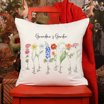 Grandma's garden cushion with grandchildren's names birth flowers Personalised Mother's Day Christmas gift for nanny Xmas Birthday pillow