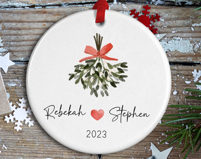 Personalized Couples Christmas Mistletoe Ornament, Custom Names Decoration