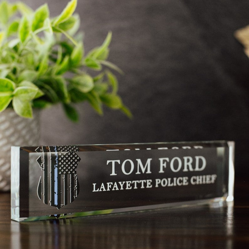 Police Officer Glass Office Desk Name Plate, Clear Chief of Police Nameplate, Detective Appreciation Gift, Police Academy Graduation