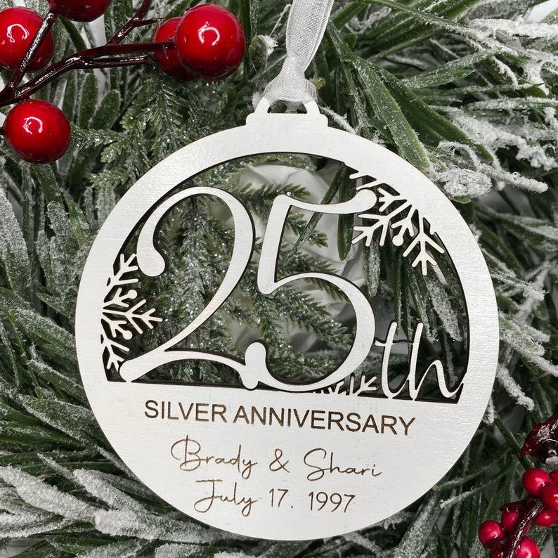 25th Anniversary Personalized Wooden Christmas Ornament, Wedding Anniversary Gift, Anniversary Party Gift, Custom 25th Anniversary