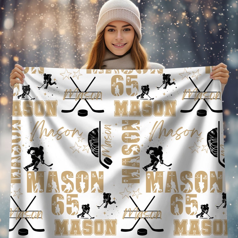 Ice Hockey Boy Personalized Blanket, Custom Name Hockey Throw, Gift for Hockey Fan, Blanket For Hockey Player, Matching Sport Team Gift