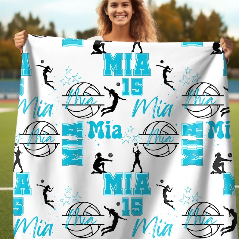 Volleyball Girl Personalized Blanket, Custom Girl Name Collage with Volleyball Pattern, Gift for Volleyball Player, Custom Team Throw