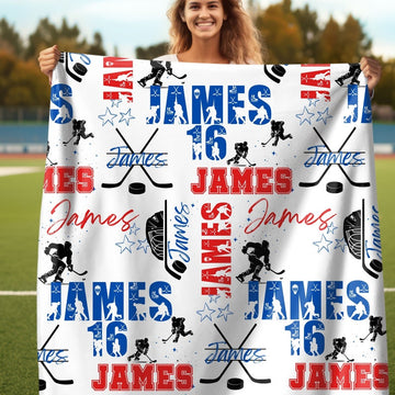 Ice Hockey Boy Personalized Blanket, Custom Name Hockey Throw, Gift for Hockey Fan, Blanket For Hockey Player, Matching Sport Team Gift