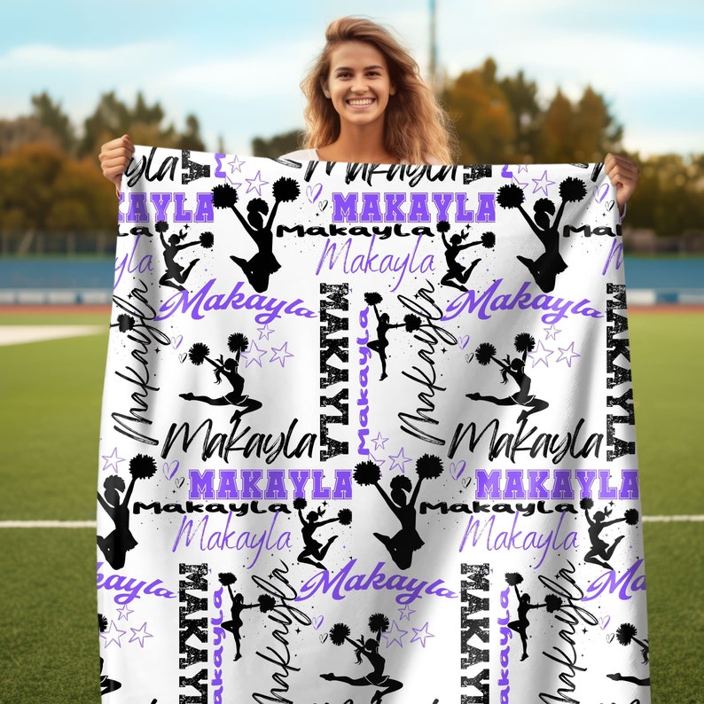 Cheerleader Personalized Blanket, Custom Girl Name Collage with Cheerleader Pattern, Personalized Gift for Cheerleader, Custom Cheer Team