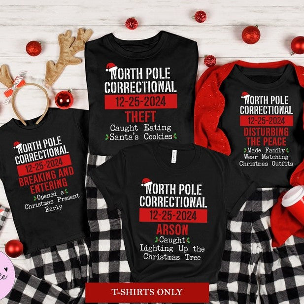 Matching Family Christmas Pajama Shirts, North Pole Correctional, Funny Group Christmas Pajamas, Holiday Tshirts, Xmas Pjs Adult Pyjama Tops