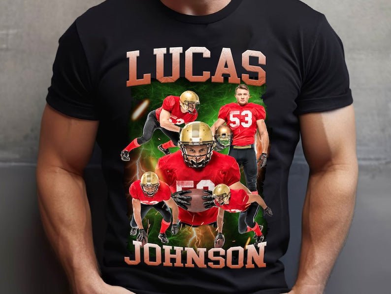 Custom Football Bootleg T-Shirt, Football Birthday, Team Number Player Name Photo Shirt, Family T-Shirt, Personalized Bootleg T-Shirt