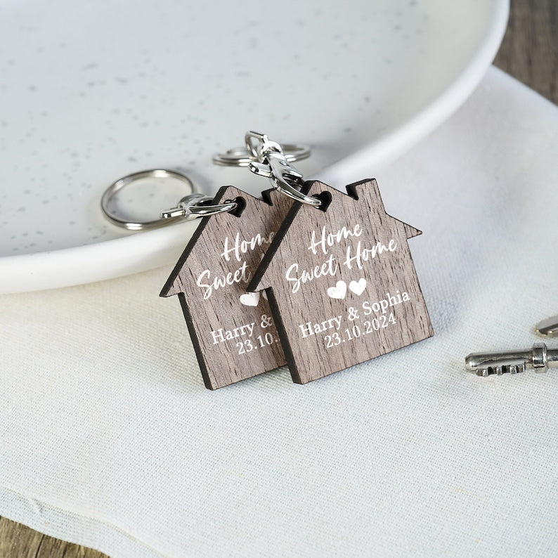 Personalised First Home Keyrings, New Home Keyrings, House Keyrings Set, Wooden Keyrings, New Homeowners, New House Gift, House Keychains