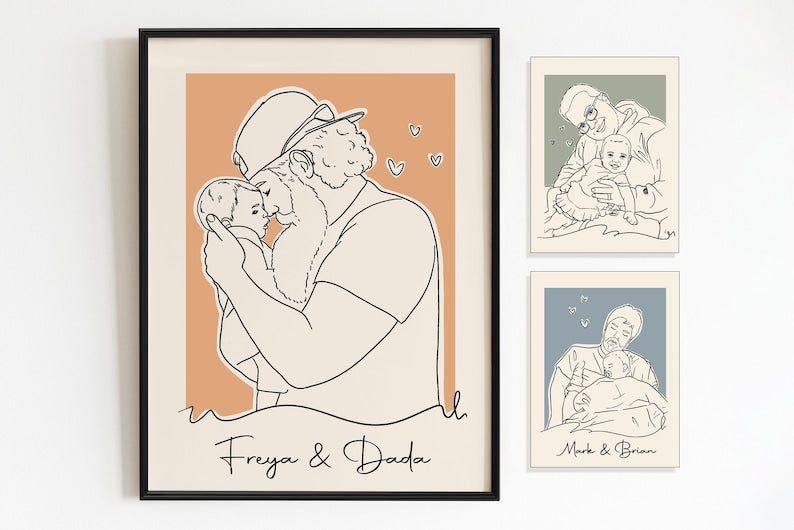 Personalised Gift for New Parents, Happy First Fathers Day Custom Dad and Daughter Line Art Portrait from Photo, Dad & Baby Art, Personalised Family gift for Dad