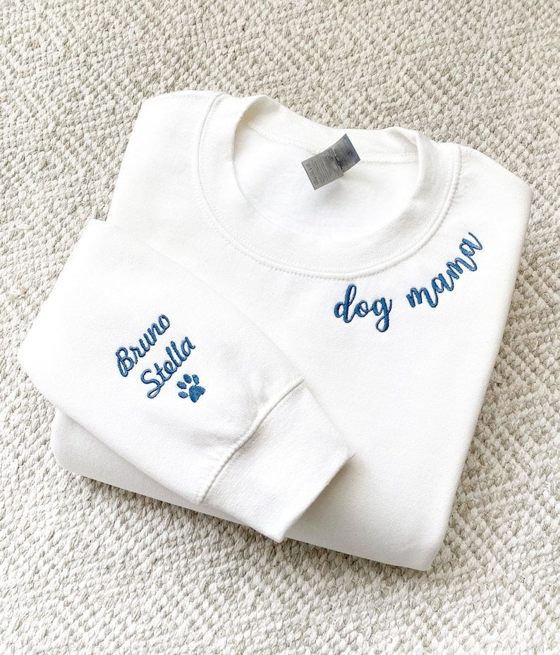 Dog Mama Embroidered Sweatshirt, Custom Embroidered Dog Mom with Pet Name on Sleeve, Gift For Dog Mom, Mother's Day Gift