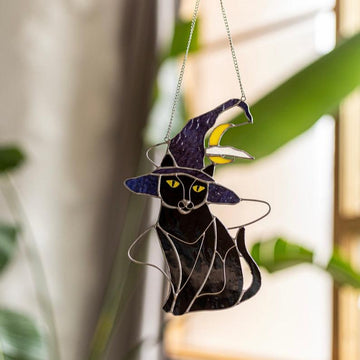 Mystical Cat witch hat Stained Glass Suncather, Halloween gray decor, wall sun catcher moon