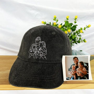 LINE Art Portrait Embroidered with Text on Dad Hat, Embroidered Portrait From Photo Dad Hat, Couples Hat, Gifts for mom and dad together