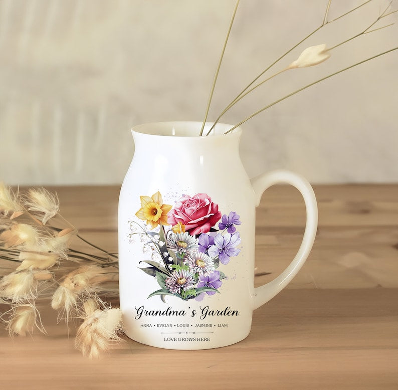 Personalized Grandma's Garden Flower Vase, Mom's Garden, Custom Birth Month Flower Vase, Mothers Day Gift for Grandma, Birth Flower Bouquet