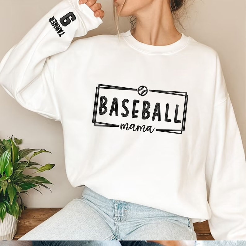 Custom Embroidered Baseball Mom Shirt with Name & Number on Sleeve, Baseball Mom Sweatshirt, Gift Baseball Lover, Mother's Day Gift