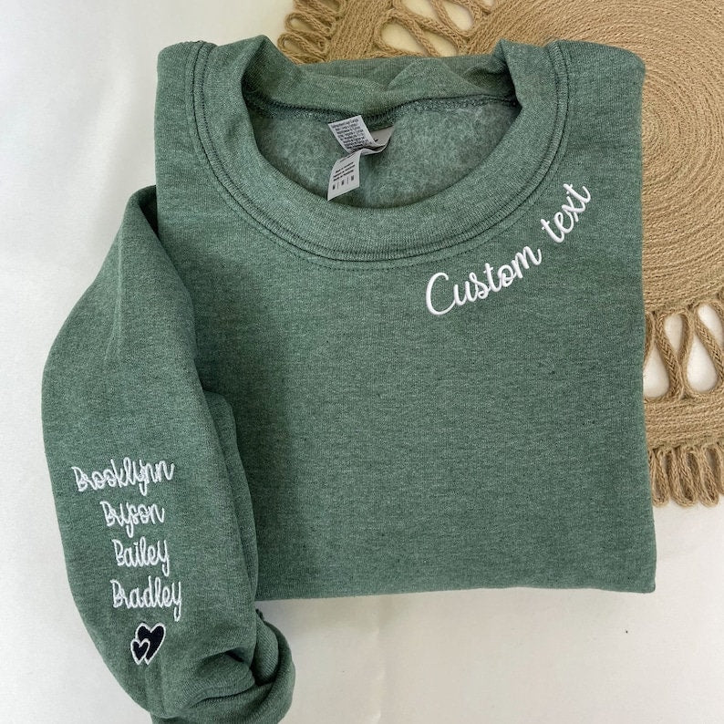 Personalized Embroidered Mama Mommy Gigi Auntie or Any Text on Neckline Shirt, Custom Names on Sleeve,Personalized Gift for Mom Nana Auntie