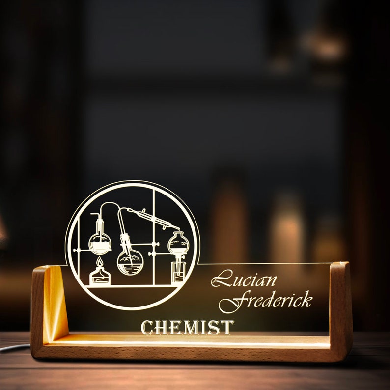 Custom Chemistry Teacher Desk Name Plate Personalized Chemist LED Light Wooden Base Acrylic Office Accessories Wood Name Sign Decor Gift