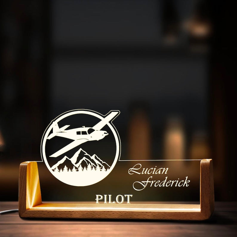 Custom Airplane Desk Name Plate Personalized Pilot LED Light Wooden Base Acrylic Office Accessories Wood Name Sign Decor Gift