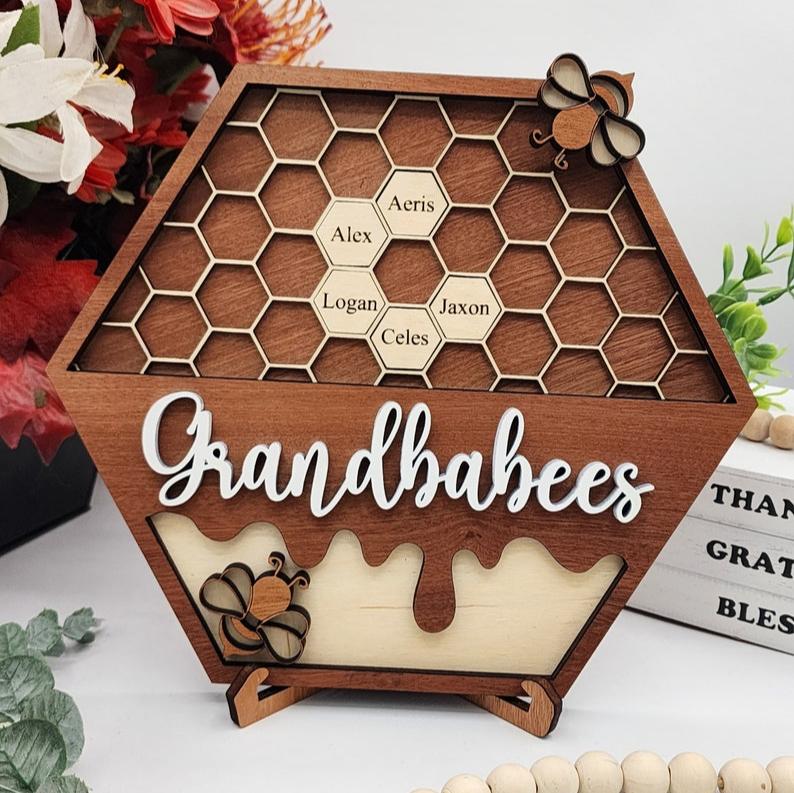 Personalized Bee Hive Family Tree Plaque, Custom Bee Family Gift For Grandma Grandbabees Sign, Mothers Day Gift Grandparents Gift Home Decor