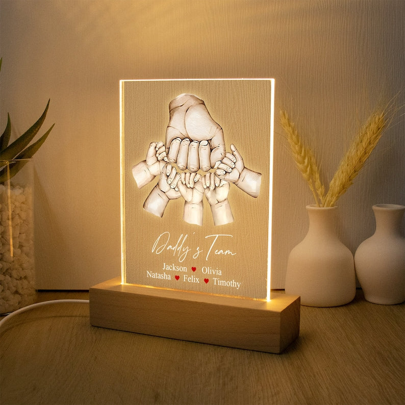 Personalized Fist Bump Daddys Team Acrylic Night Light, Custom Fist Bump Family Hand 3D LED Light Wooden Base, Father's Day Gift