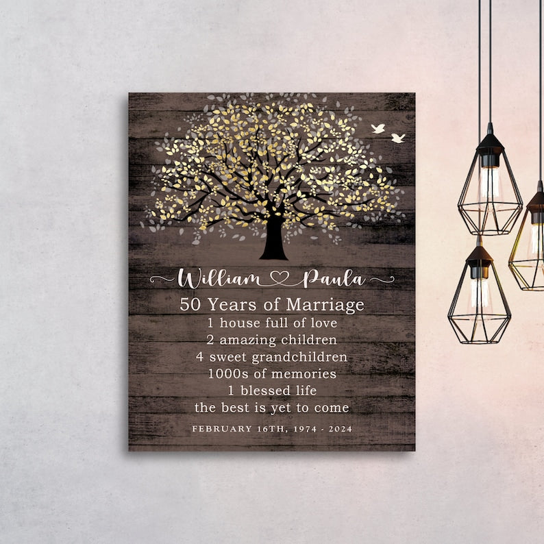 Gift for Parents Golden Anniversary, Personalized 50th Anniversary Gift, Family Tree Canvas Print, Custom Keepsake Gift Faux Gold/Wood