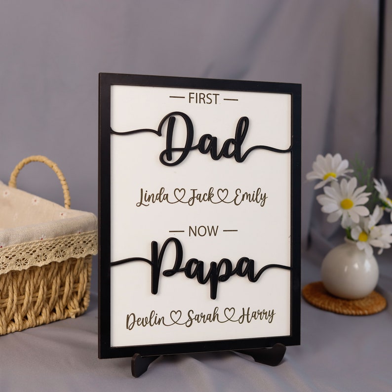 Custom First Dad Now Papa Grandpa Sign Personalized First Daddy Wooden Frame For Fathers Day Gift 2024 Grandfather Plaque With Grandkid Name