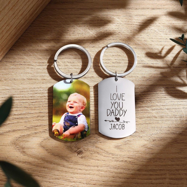 Personalized Kids Picture Keychain for Dad, Custom Name Mens Keychain Family Photo Keyring, Anniversary Gift Ideas, Father's Day Gift