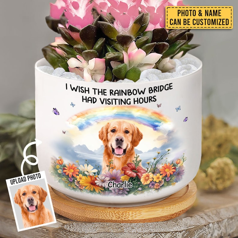 Custom Photo A Piece Of My Heart Is At The Rainbow Bridge Pot, Personalized Memorial Ceramic Pot,Sympathy Gift,Pet Owners Gift, Pet Memorial