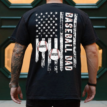 Personalized Baseball Dad US Flag Shirt, Custom Baseball Season Shirt for Dad, Game Day Shirt, Baseball Dad Gift