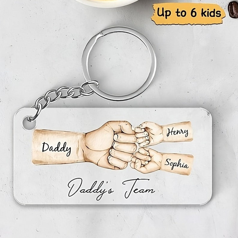 Daddy's Team Fist Bump Personalized Acrylic Keychain, Gift For Dad, Father's Day Gift