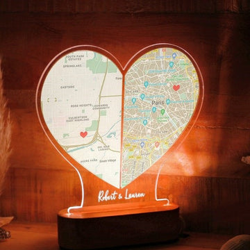 Custom Two Location Heart Night Light - Personalized Map Print - Nightlight for Long Distance Love - Engaged Couples - Anniversary Gifts