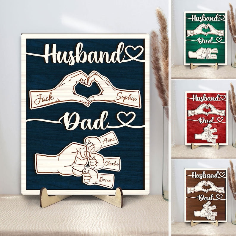 Personalized Dad Wooden Plaque, Custom Kid's Name Wooden Sign, Fist Bump Husband Wood Sign, Father's Day Gift For Dad, Husband, Him