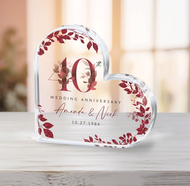 Personalized 40th Anniversary Gift, Ruby Anniversary Keepsake Gift, 40th Anniversary Acrylic Heart Plaque, 40th Ruby Gift for Parents