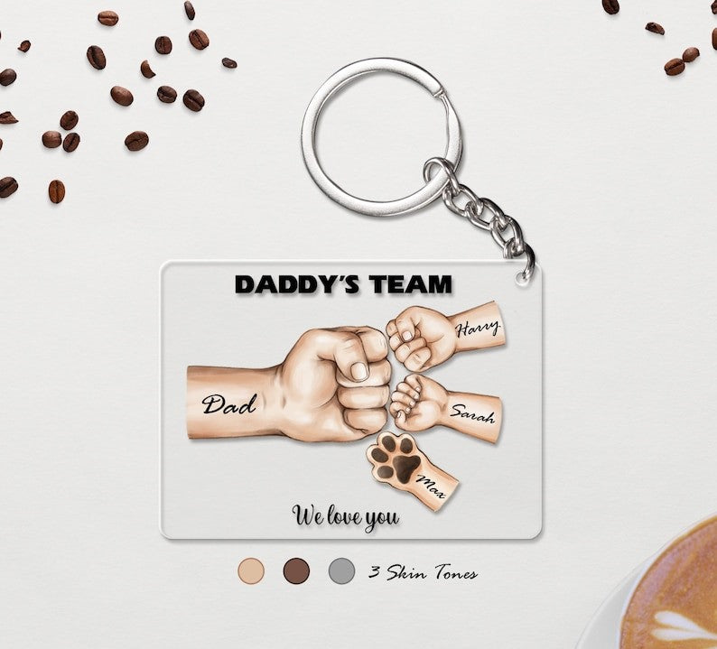 Daddy's Team Fist Bump Personalized Acrylic Keychain, Custom Keyring With Names, Fathers day Gift For Dad Grandpa From Kids Son & Daughter