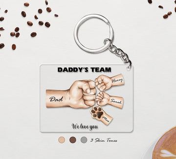 Daddy's Team Fist Bump Personalized Acrylic Keychain, Custom Keyring With Names, Fathers day Gift For Dad Grandpa From Kids Son & Daughter