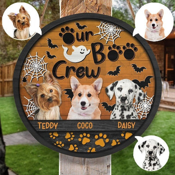 Personalized Halloween Pet Door Hanger, Custom Our BOO Crew Halloween Round Wooden Sign, Dog Cat Door Hanger, Pet Lovers' Gift