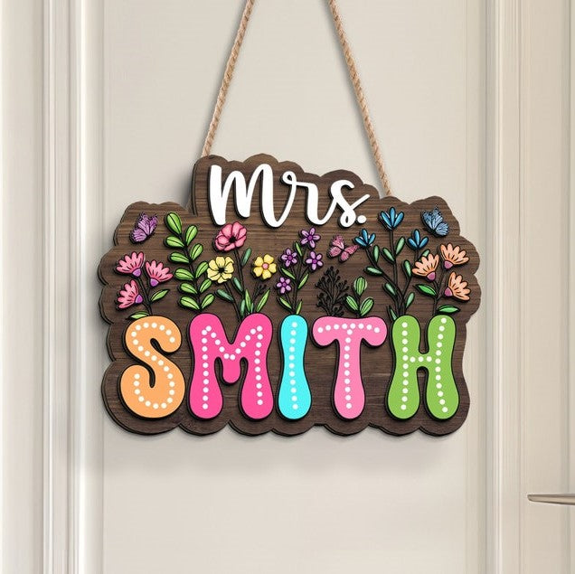 Personalized 3D Teacher Sign, Teacher Door Hanger, Custom Floral Sign For Teacher, Teacher Classroom Decor, Customized Teacher Name Sign