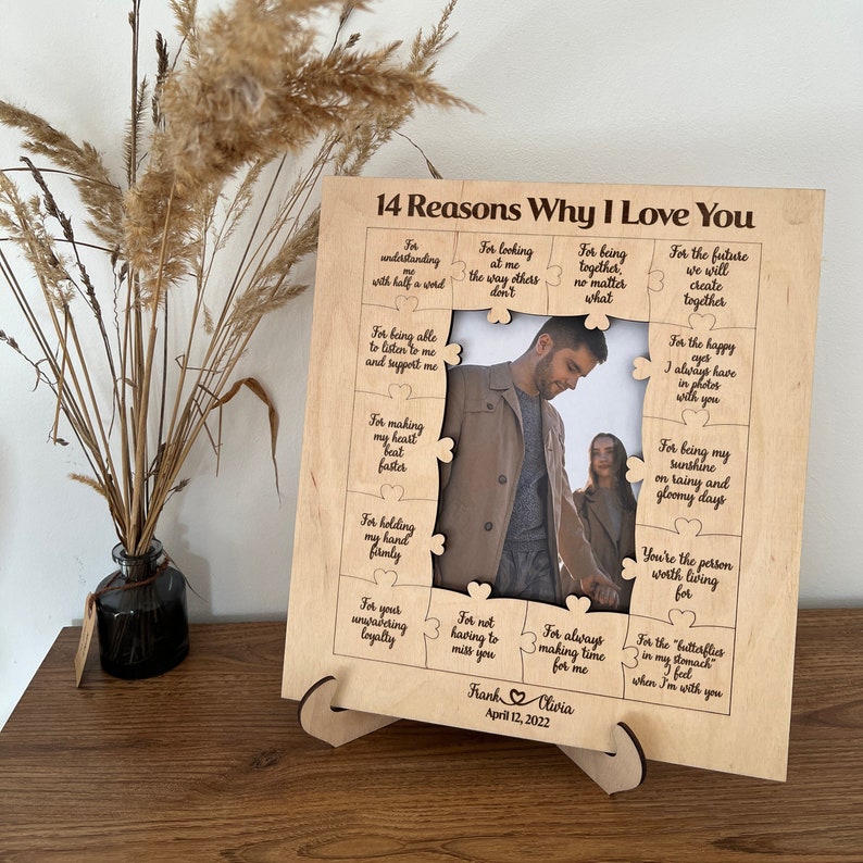 Personalized 14 Reasons Why I Love You Birthday Gift for Boyfriend Custom Wooden Puzzle Piece Collage Frame Valentines Gift Him Anniversary