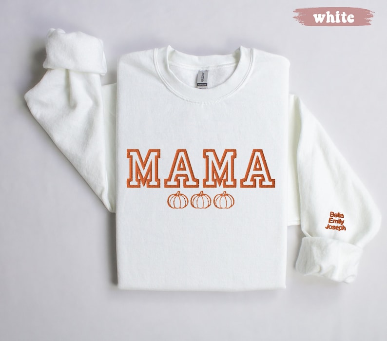 Personalized Embroidered Mama Sweatshirt with Pumpkins | Fall & Halloween Themed | Custom Kids Names on Sleeve | Cozy Autumn Pullover