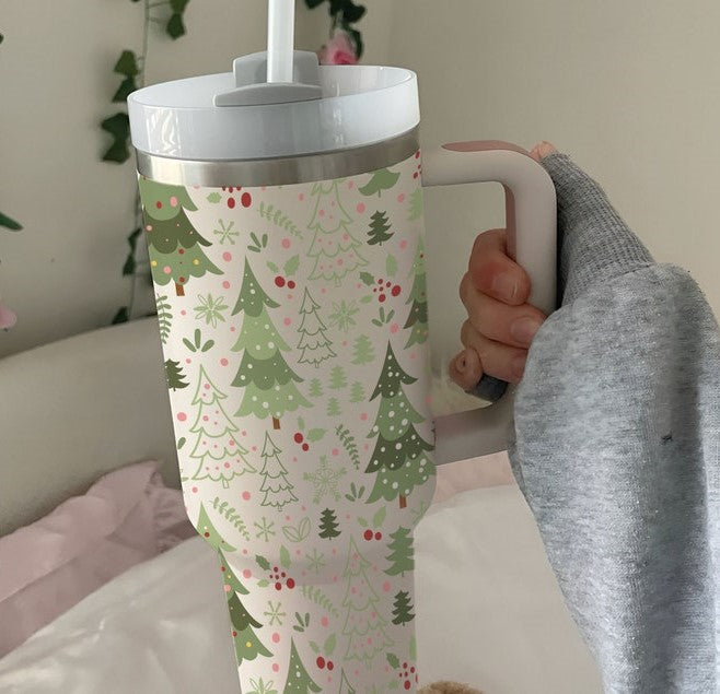 Christmas Tumbler 30oz/40oz, Christmas Tree Cup Retro Cup, Merry Christmas Tumbler with Lid and Straw, Christmas Tree Doodles Holiday Tumber