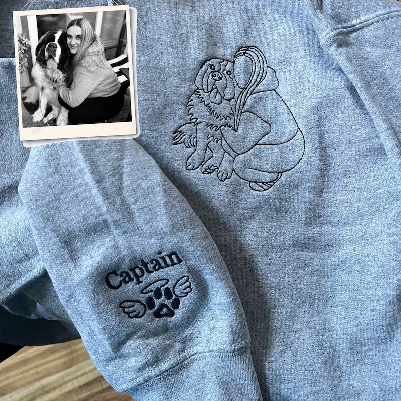 Custom Embroidered Dog Dad Hoodie with Portrait from Photo, Embroidered Photo Hoodie, Outline Embroidered Hoodie, Portrait Hoodie